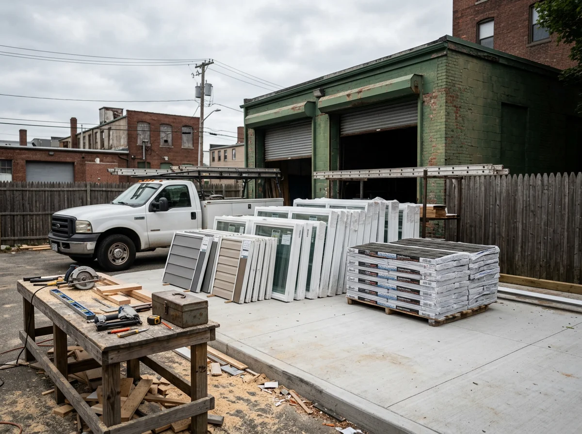 Construction crew and tools ready for residential remodeling and restoration work on a job site.