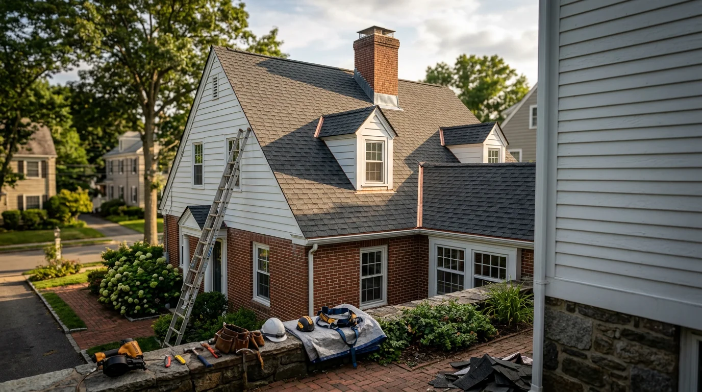 Roofing contractor installing new roof on residential home