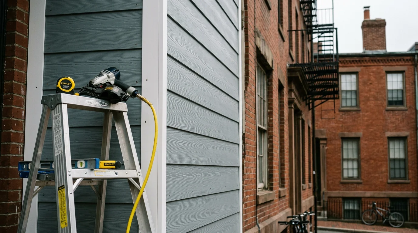 Siding contractor installing new siding on home exterior