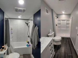 Before and after bathroom renovation with navy walls, new tile flooring, vanity, and shower enclosure