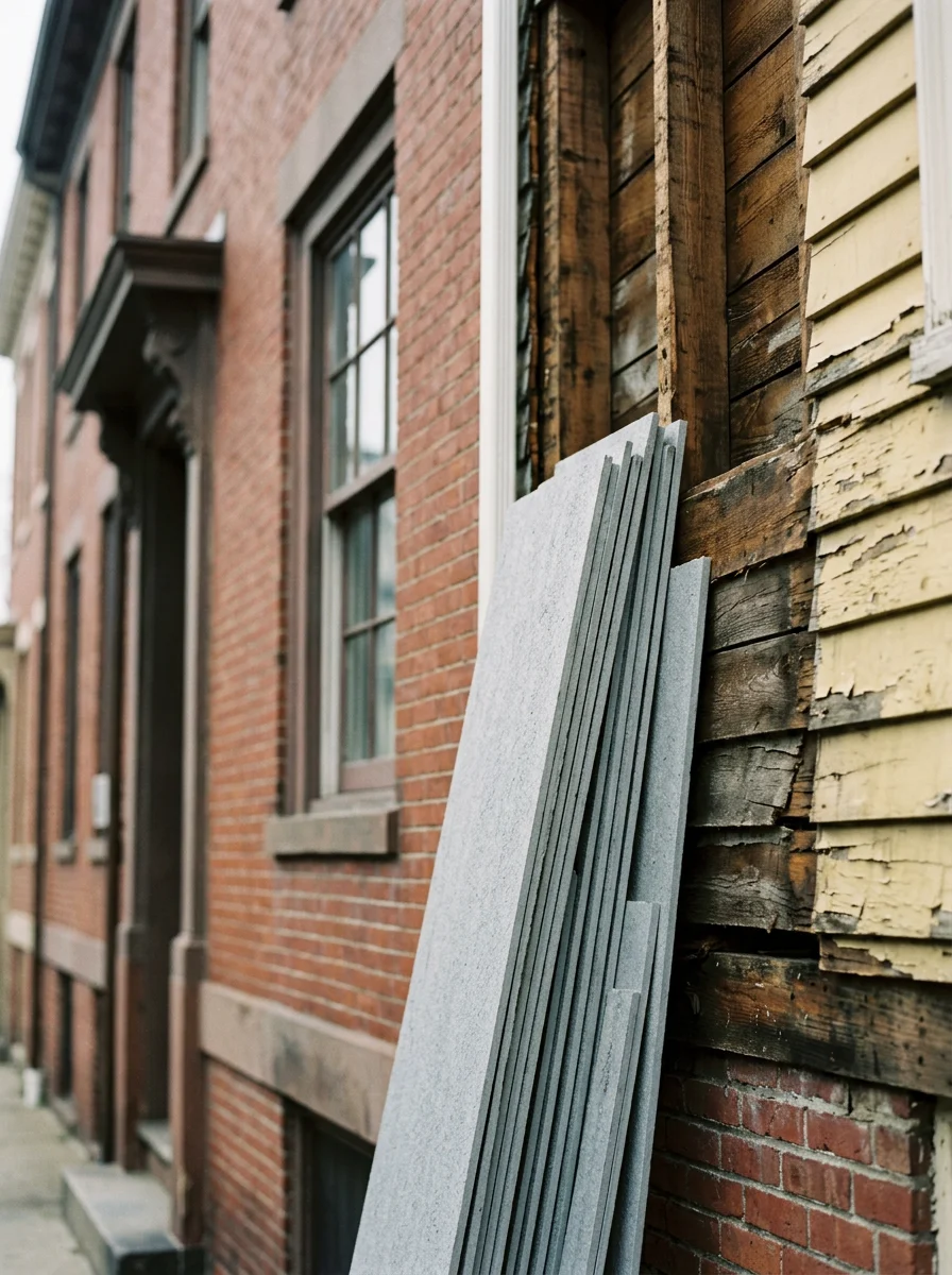Close-up of new fiber cement siding being installed on a wood-frame row house in Boston, with original clapboard removed to expose the sheathing.