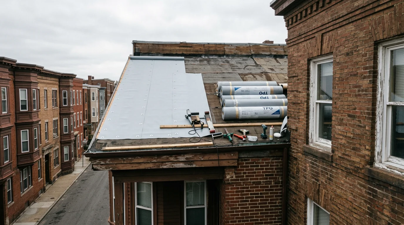 A contractor replacing the flat roof membrane on a Boston triple-decker in a dense residential neighborhood, with row houses visible on both sides.