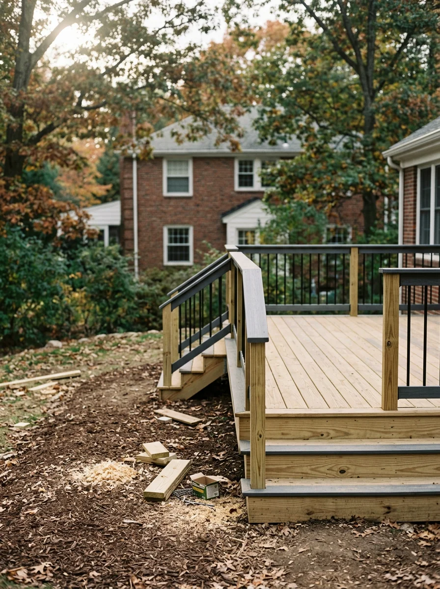 A newly built pressure-treated deck on a sloped residential lot in Newton, with the home's rear facade and mature trees visible in the background.