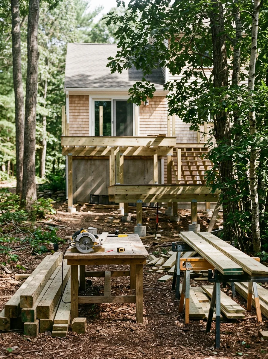 A multi-level pressure-treated deck under construction on a large wooded lot in Wayland, with the home's rear foundation and mature trees framing the site.