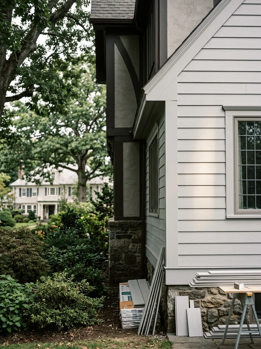 New fiber cement siding being installed on a wood-clad Tudor-style home in Wellesley, with corner board and window trim integration visible at the gable end.