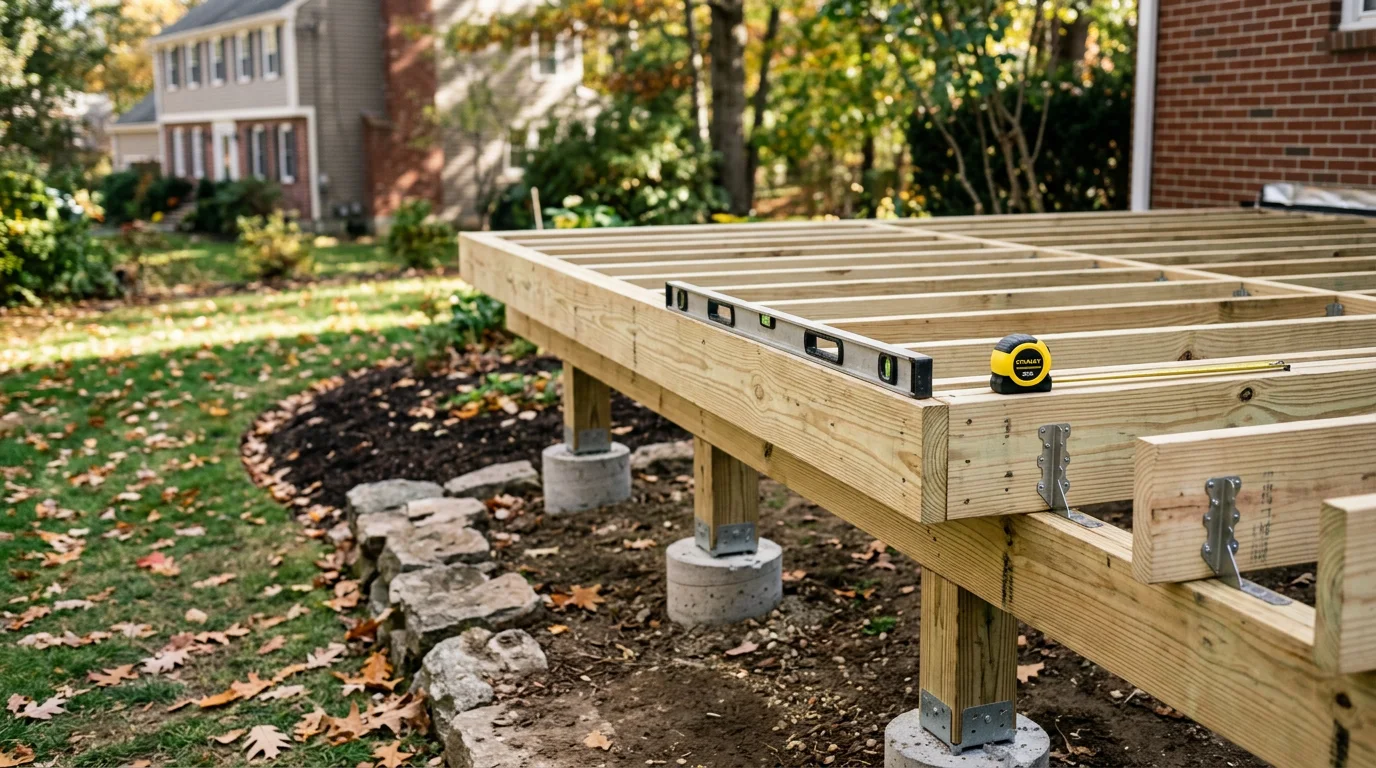 A newly constructed wood deck attached to a two-story home in the Greater Boston area, featuring a railing system and steps leading to a backyard lawn. The deck structure shows exposed framing details and a clean ledger connection at the house.