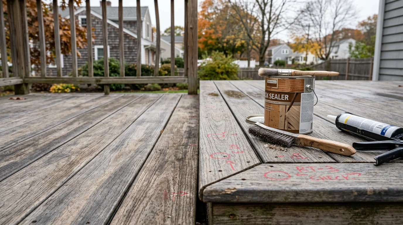 A freshly cleaned and sealed wood deck on a residential home in the Boston area, with even surface coloring and tight fasteners visible along the deck boards. The surrounding yard reflects a typical New England suburban property in Newton or Wellesley.