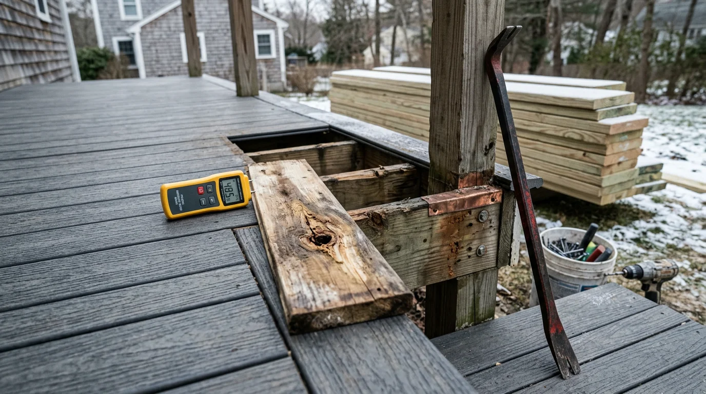 A repaired wood deck on a residential home in Boston, Massachusetts, showing replaced boards and secured railings after structural repair work. Fresh decking sits flush alongside original framing on a typical New England single-family property.