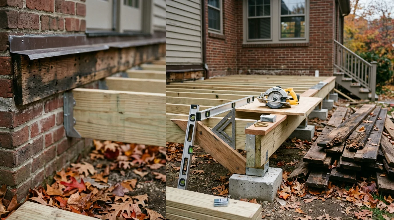 A newly replaced deck on a residential home in Boston, showing fresh decking boards, new railings, and rebuilt stairs. The structure is attached to the rear of a two-story New England home with a yard visible below.