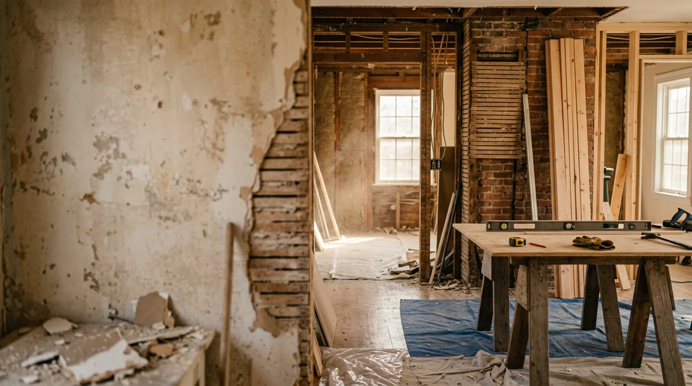 A remodeled interior of an older Boston-area home showing updated framing, fresh walls, and a reconfigured open floor plan. The space reflects a whole-home remodel completed by a general contractor serving Boston, Newton, Wellesley, Wayland, and Weston.