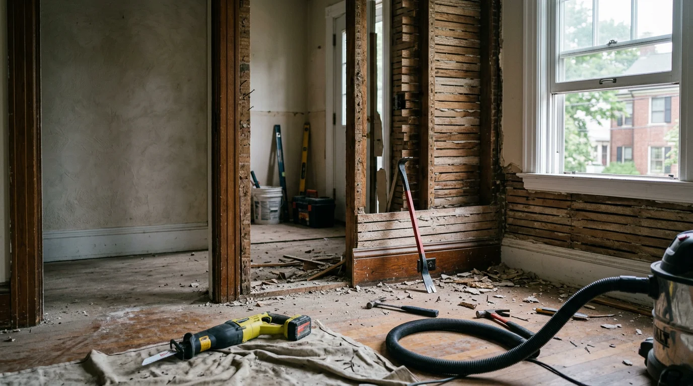 Interior demolition in progress inside a Boston-area home, with walls stripped to the studs and flooring removed in preparation for renovation. The cleared space shows exposed framing and a clean subfloor ready for the next construction phase.