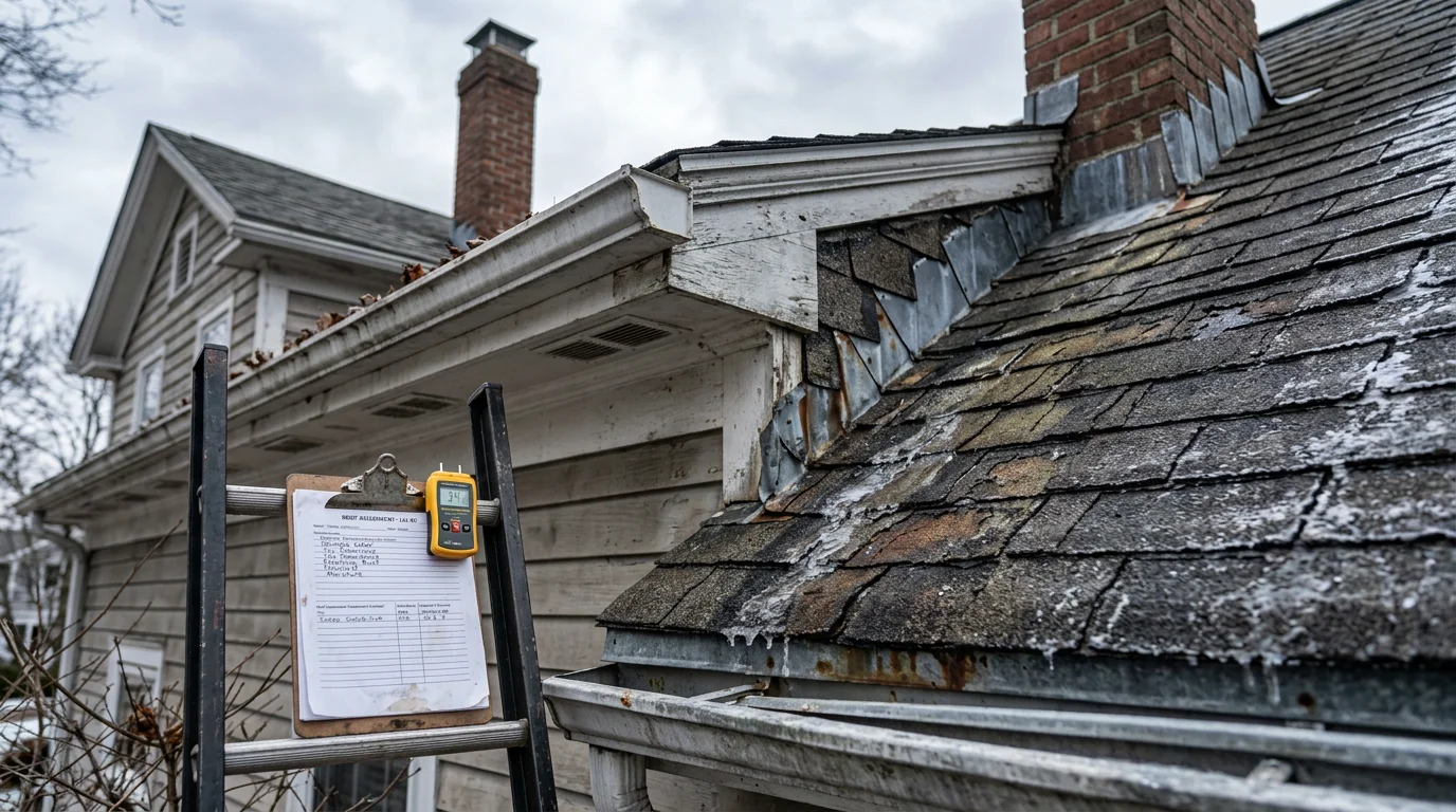 A roofing contractor from K&B Contracting INC inspecting shingles and flashing on a residential roof in Boston, MA. The inspector examines the ridge line and chimney flashing on a New England home during a professional roof evaluation.