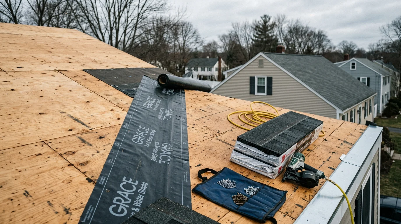 A newly installed residential roof on a two-story home in Boston, Massachusetts, showing clean roofing material laid across a full deck with properly finished ridge and eave lines. The surrounding neighborhood reflects the dense, older housing stock common across the Greater Boston area.