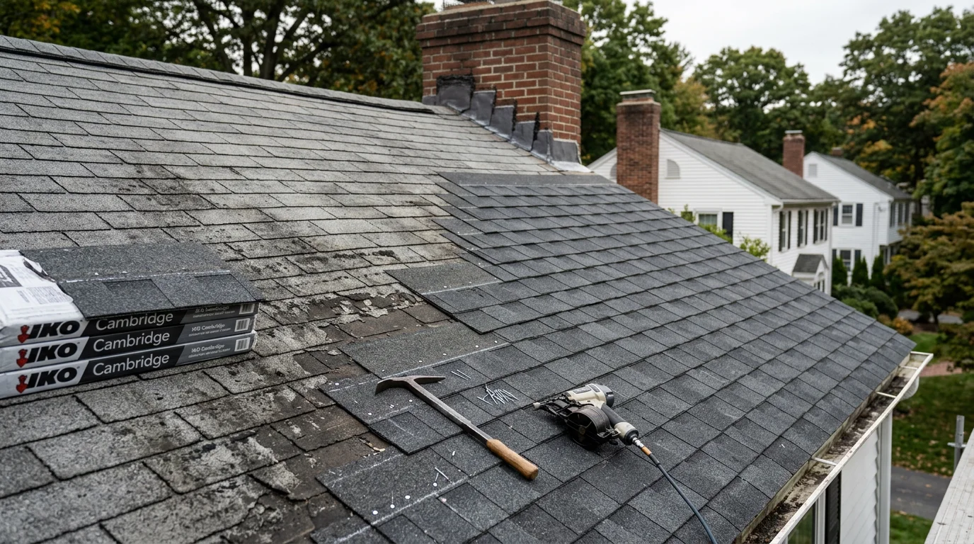 A roofing contractor repairing damaged shingles and flashing on a residential home in Boston, Massachusetts. Close-up view shows repaired roof section with surrounding neighborhood visible in the background.