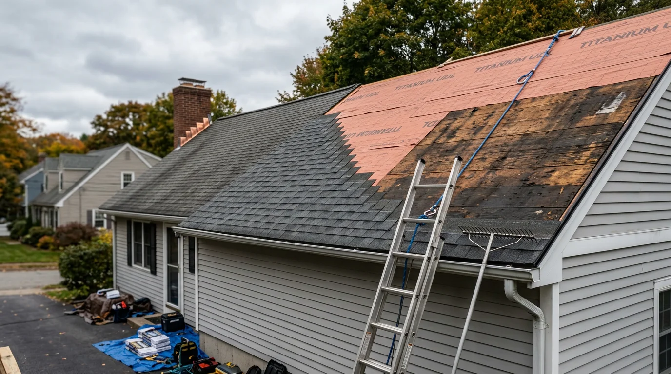 A completed roof replacement on a two-story residential home in the Boston area, showing new shingles, replaced flashing around the chimney, and clean ridge line against a clear sky.