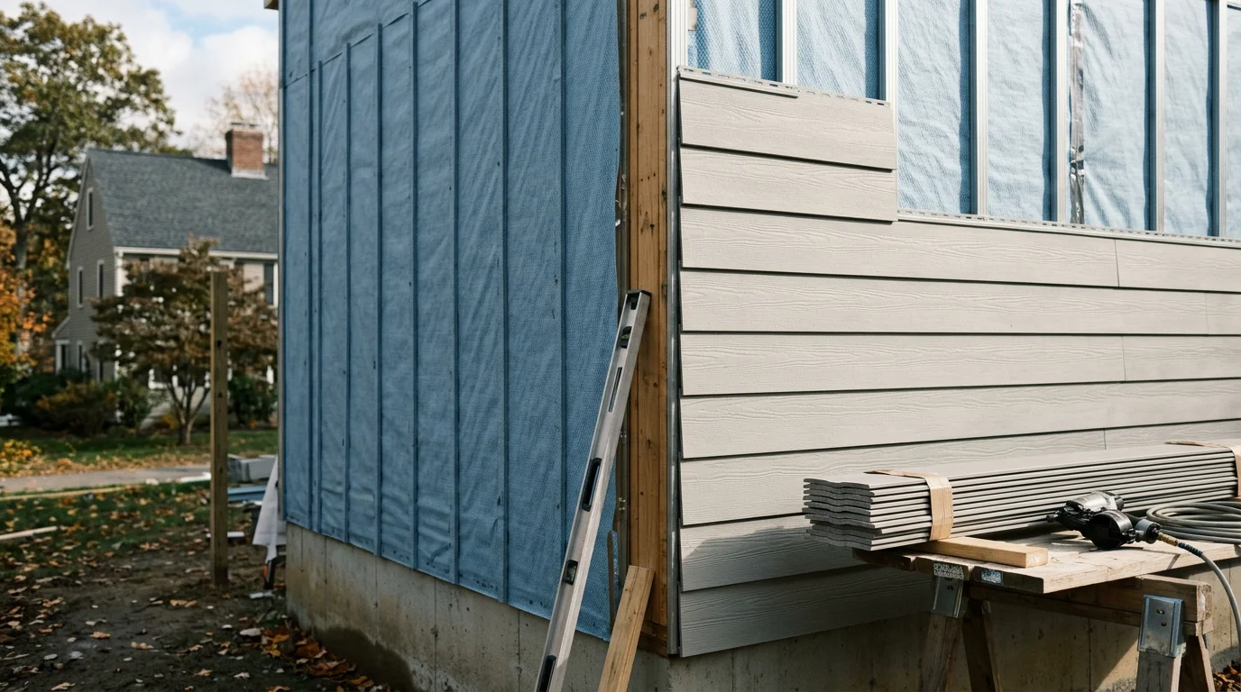 Freshly installed siding on a two-story residential home in the Greater Boston area, showing clean panel alignment and new trim detail around windows. The exterior reflects the architectural style common to older neighborhoods across Newton and Wellesley.