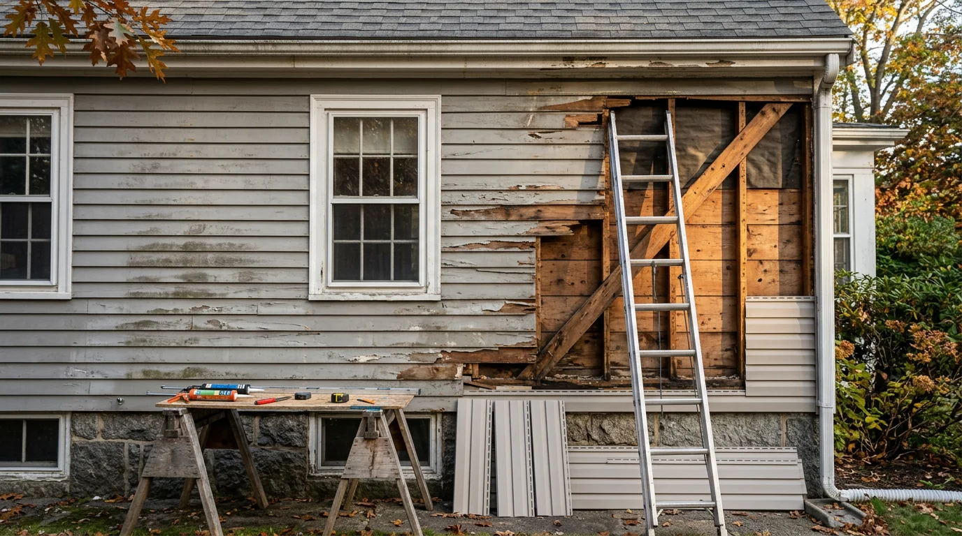 A siding contractor repairing cracked exterior panels on a two-story colonial home in the Boston area. Close-up view shows fresh replacement panels being fitted flush with the existing siding on a residential street.
