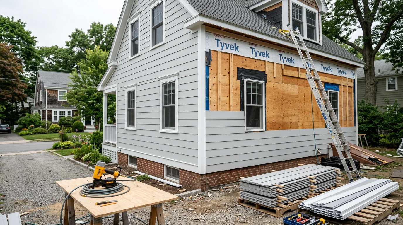 Freshly replaced exterior siding on a single-family home in the Greater Boston area, showing clean panel lines and new trim around windows. The completed replacement reflects the kind of tight, weather-ready finish suited to New England freeze-thaw conditions.