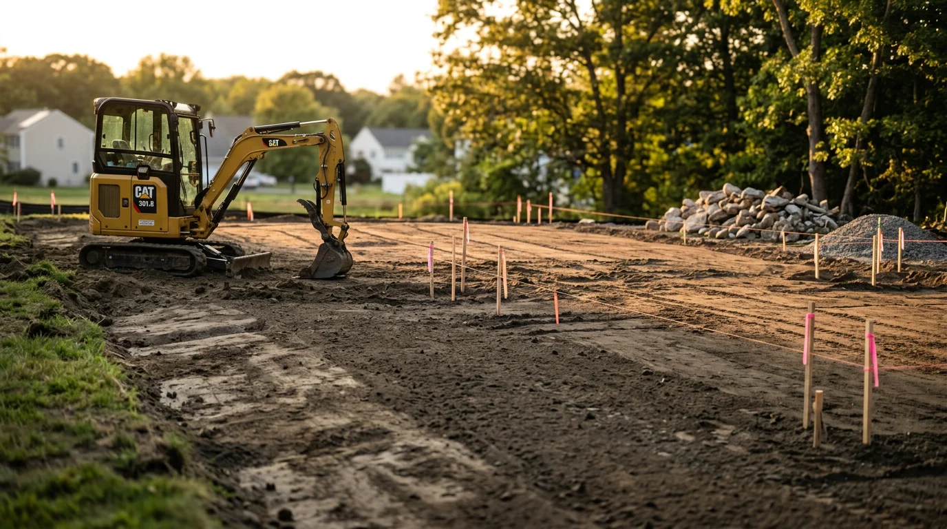 A graded and cleared residential construction site in the Greater Boston area, with leveled soil and defined drainage slope ready for foundation work. Heavy equipment tracks visible across compacted earth on a New England property.